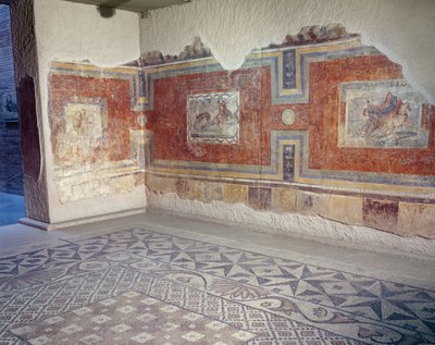 A recreation of the interior of a Roman house, with mosaic floors and wall paintings depicting circus and hunting scenes by Roman